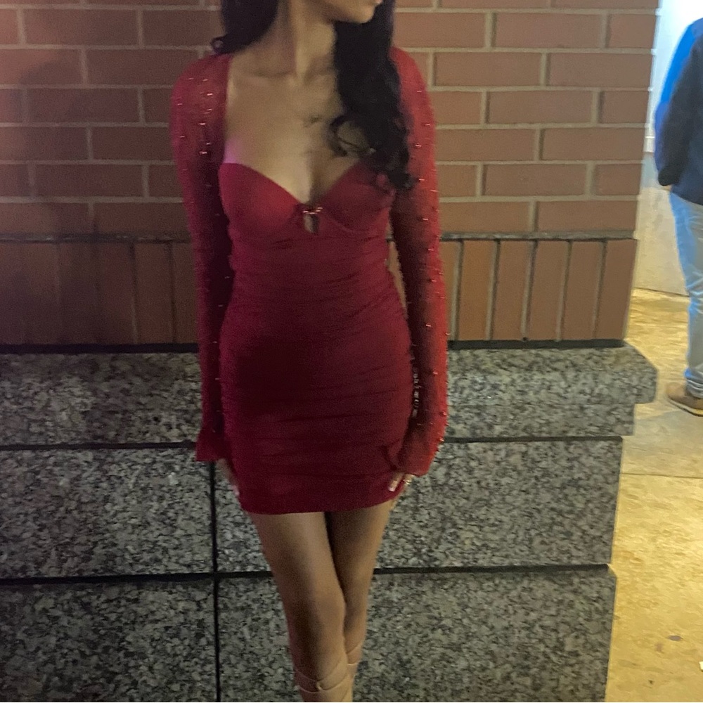 Red pearled dress
